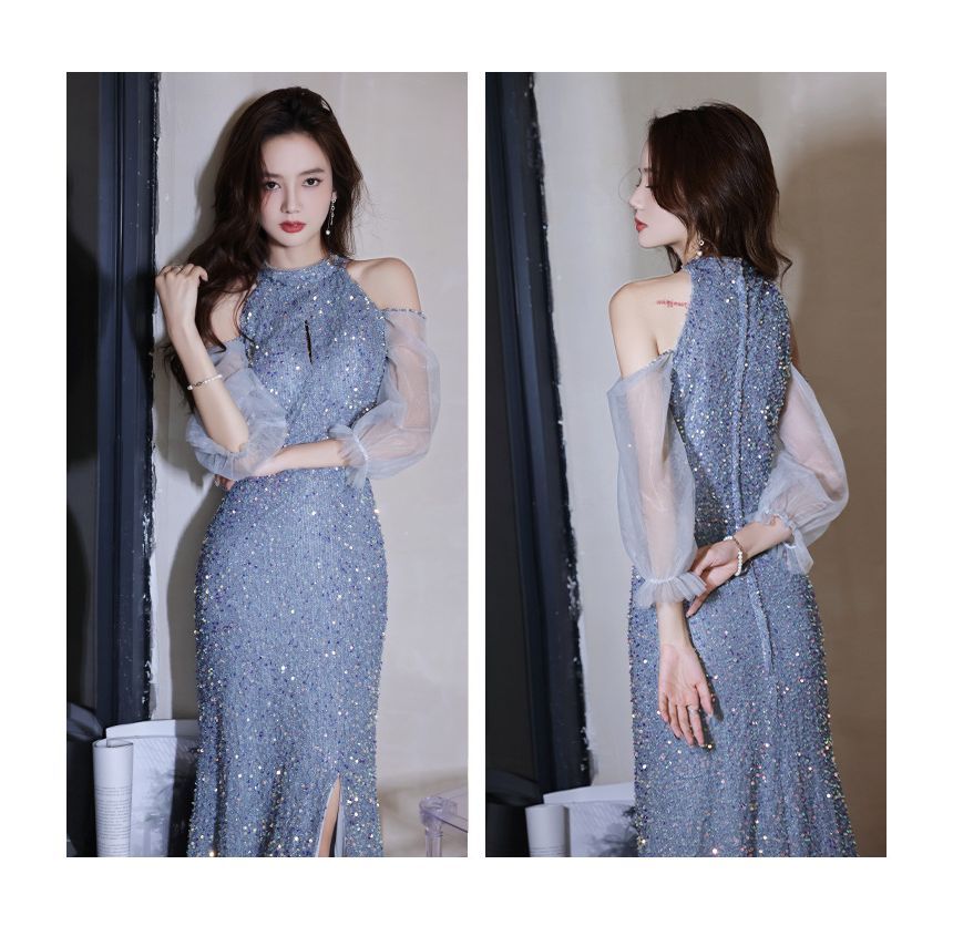 Sequin Gown Evening Cold-Shoulder Sheath