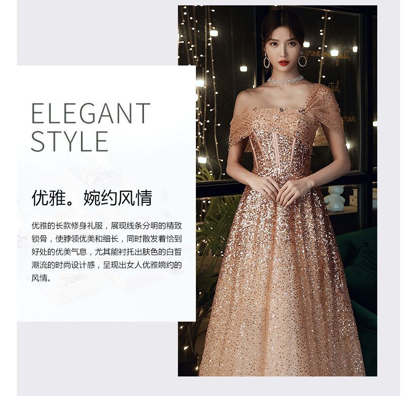 Sequin A-Line Off-Shoulder Evening Gown