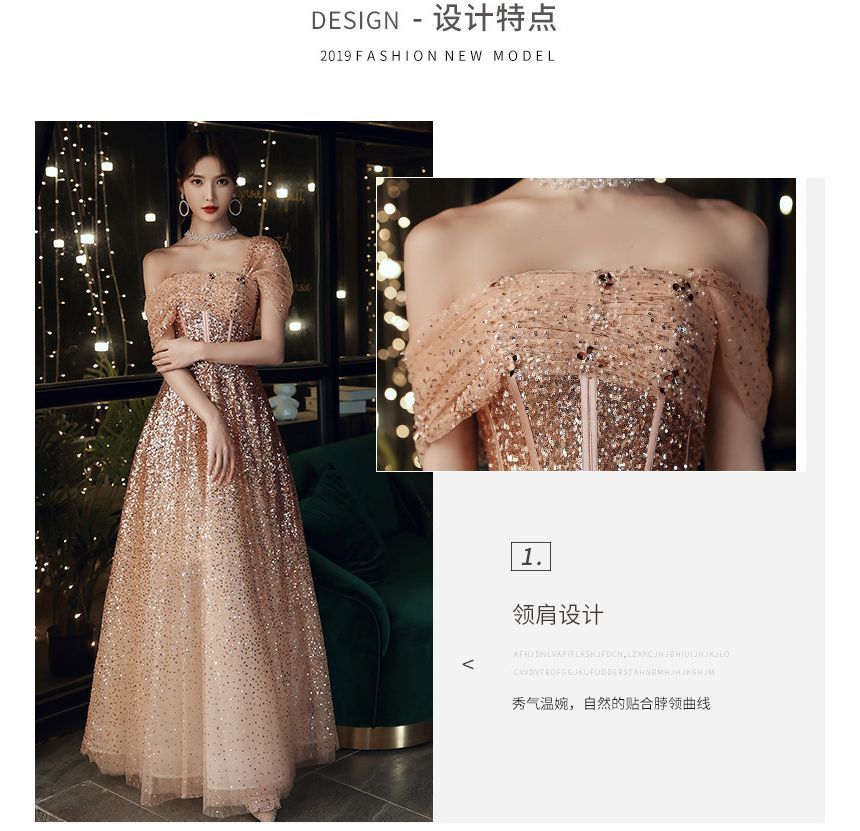 A-Line Sequin Evening Off-Shoulder Gown