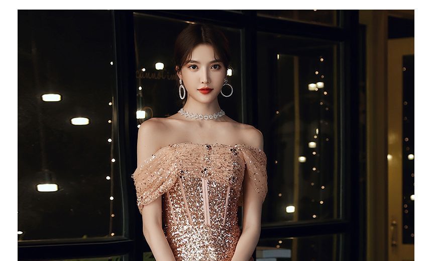 A-Line Sequin Evening Off-Shoulder Gown