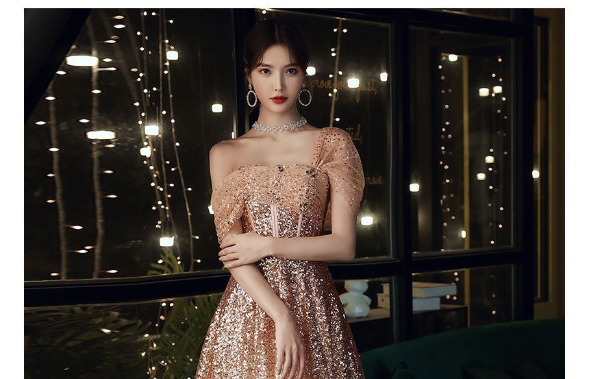 Sequin A-Line Off-Shoulder Evening Gown