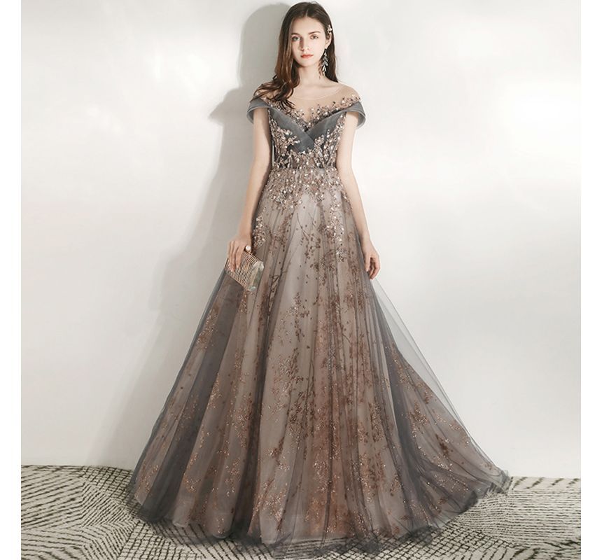 Sequined Short-Sleeve A-Line Gown Evening