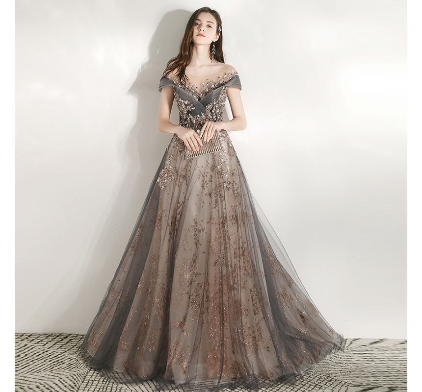 Sequined Short-Sleeve A-Line Gown Evening