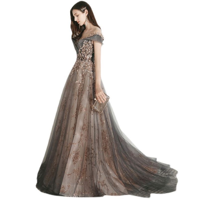 Sequined Short-Sleeve A-Line Gown Evening