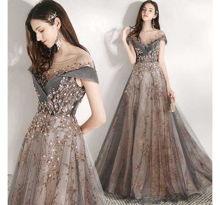 Sequined Short-Sleeve A-Line Gown Evening