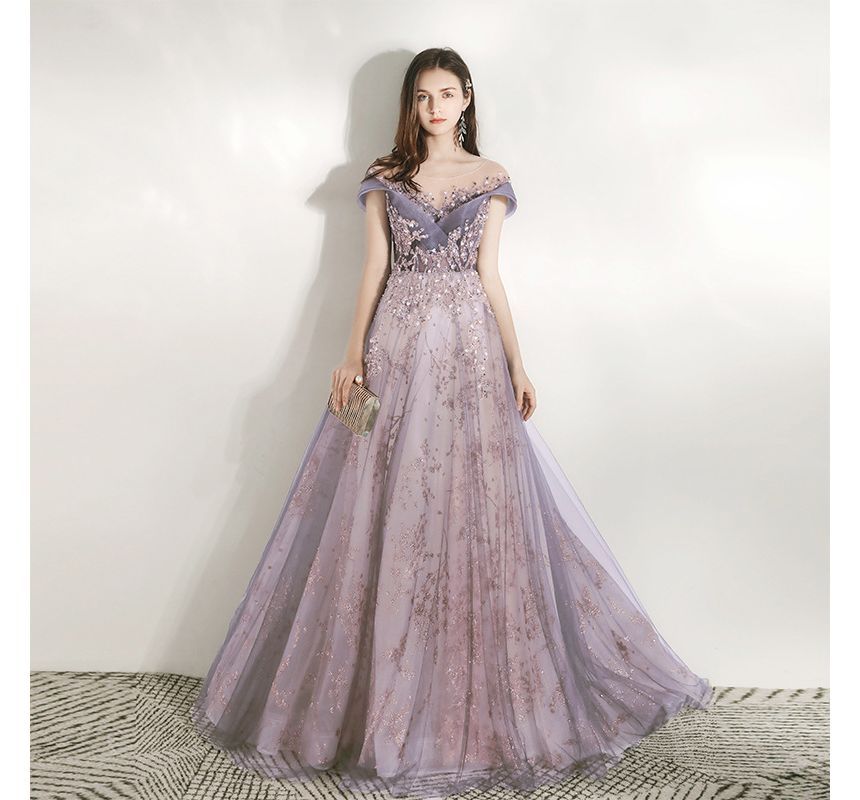 Sequined Short-Sleeve A-Line Gown Evening