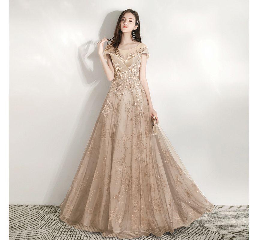 Sequined Short-Sleeve A-Line Gown Evening