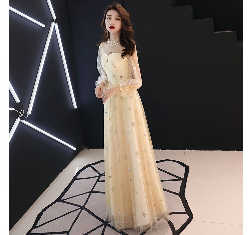 A-Line Evening Long-Sleeve Gown Mesh
