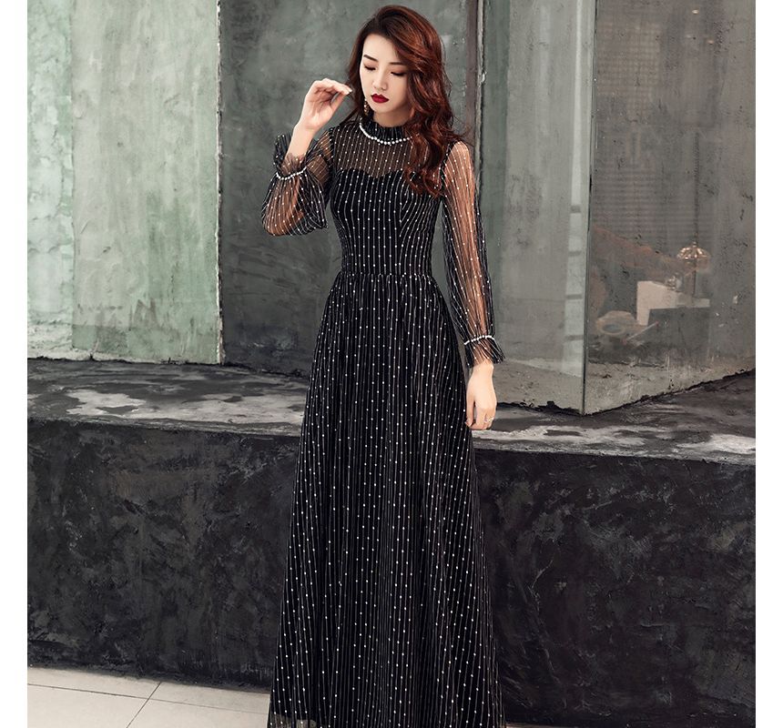 A-Line Evening Long-Sleeve Gown Mesh