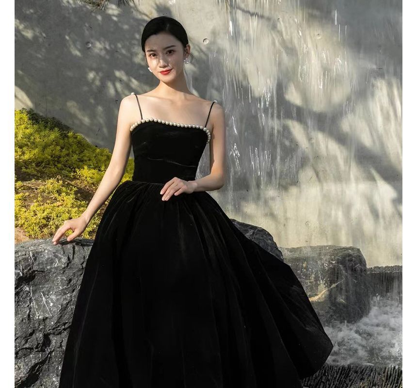 Pearl Spaghetti-Strap Faux Gown A-Line Evening