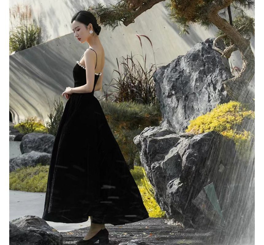 Pearl Spaghetti-Strap Faux Gown A-Line Evening