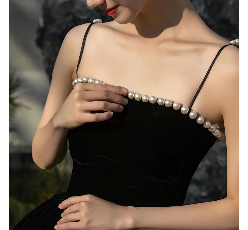 Pearl Spaghetti-Strap Faux Gown A-Line Evening