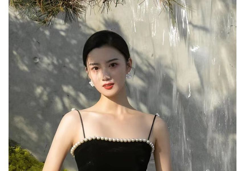 Pearl Spaghetti-Strap Faux Gown A-Line Evening