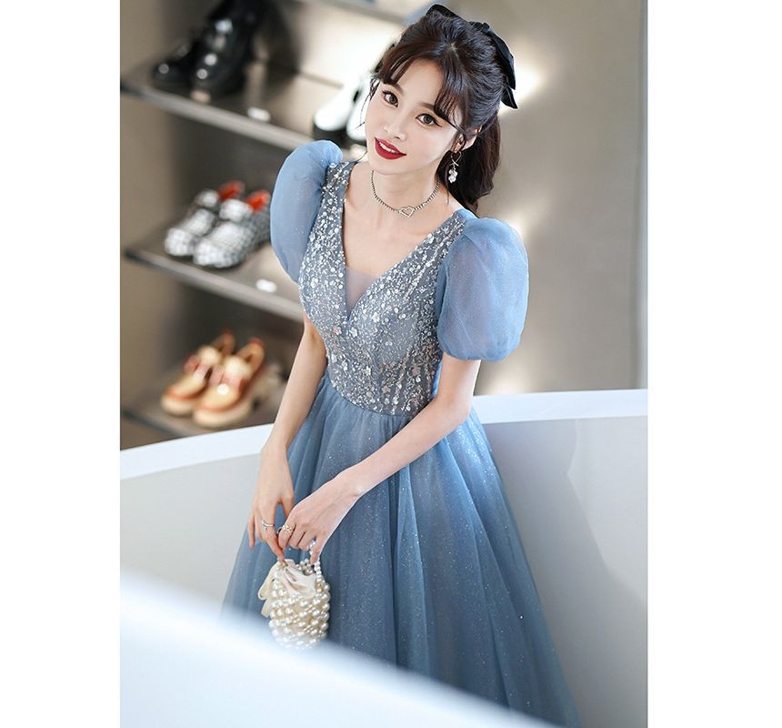 Evening A-Line Sleeve Sheer Panel Puff Gown