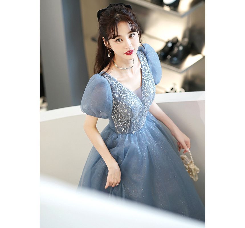 Evening A-Line Sleeve Sheer Panel Puff Gown