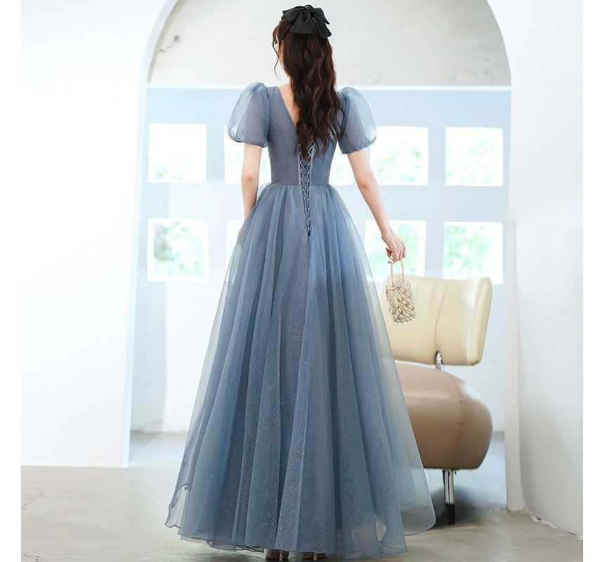 Evening A-Line Sleeve Sheer Panel Puff Gown