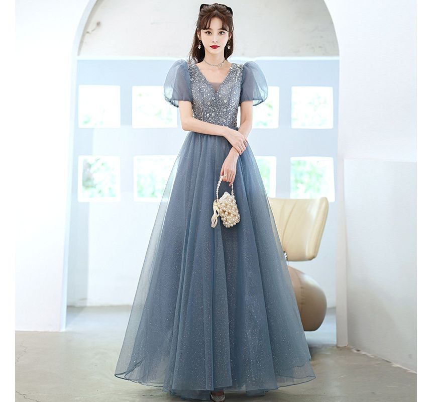 Evening A-Line Sleeve Sheer Panel Puff Gown