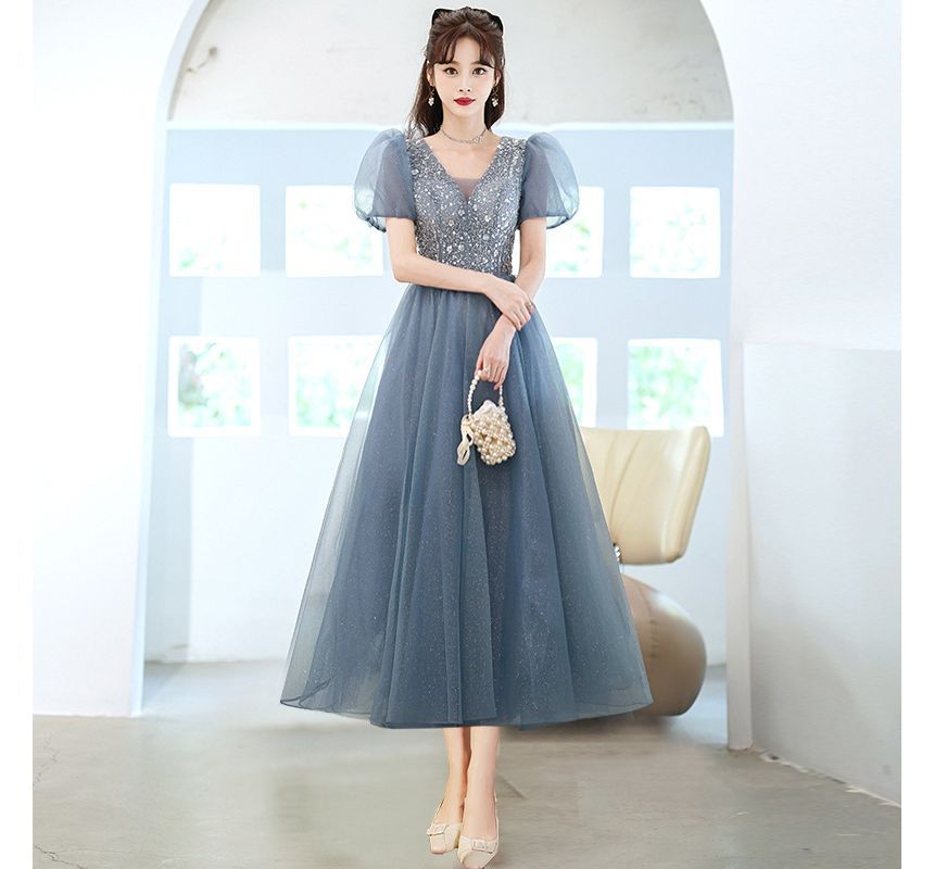 Evening A-Line Sleeve Sheer Panel Puff Gown