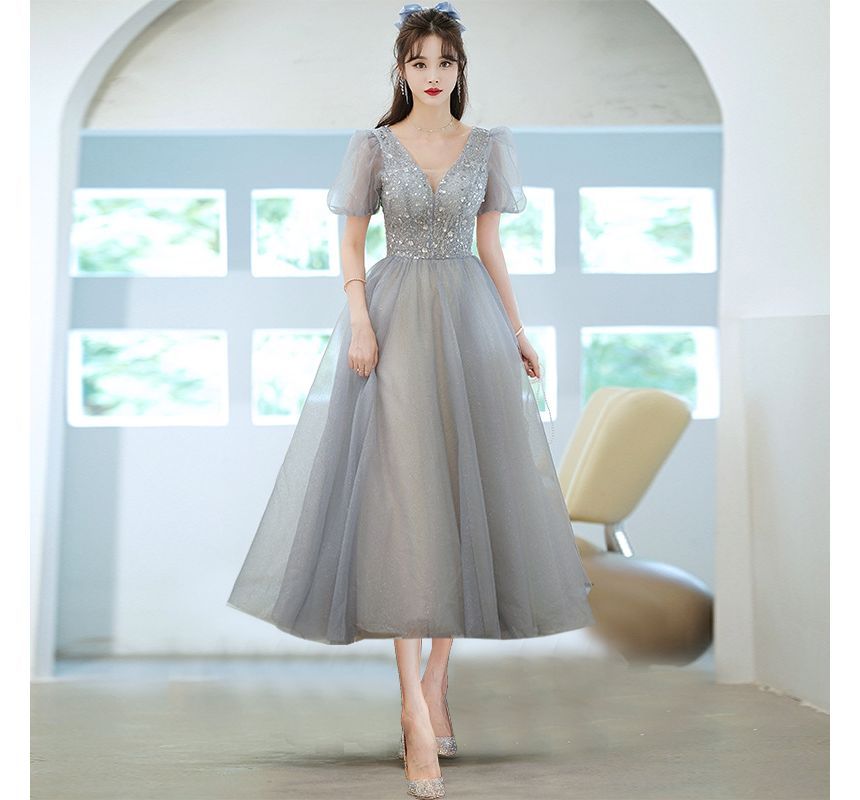 Evening A-Line Sleeve Sheer Panel Puff Gown