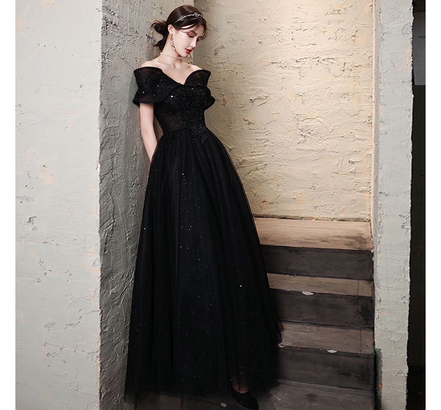 Shoulder Gown Glitter Evening A-Line Off