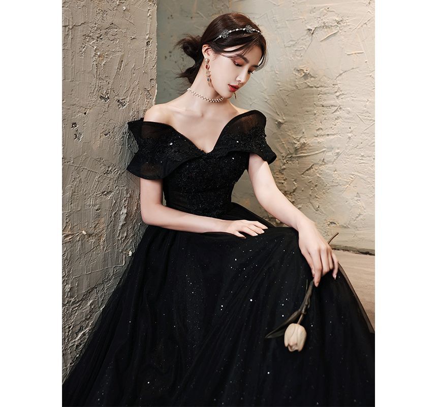 Shoulder Gown Glitter Evening A-Line Off