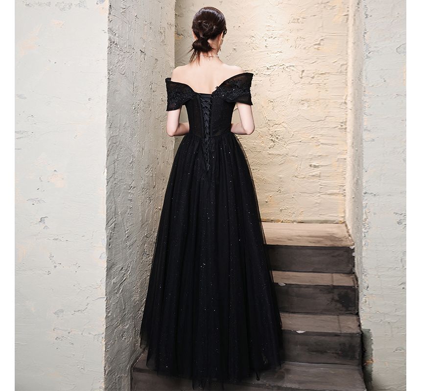 Shoulder Gown Glitter Evening A-Line Off