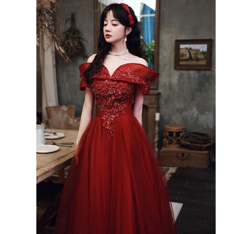 Shoulder Gown Glitter Evening A-Line Off