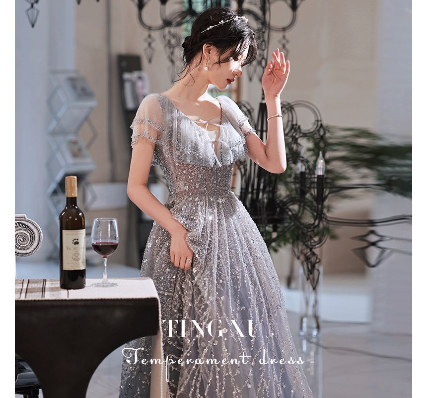Glitter Cap-Sleeve Sheath Gown Evening