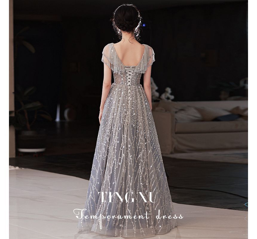 Glitter Cap-Sleeve Sheath Gown Evening