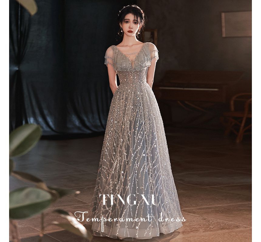 Glitter Cap-Sleeve Sheath Gown Evening