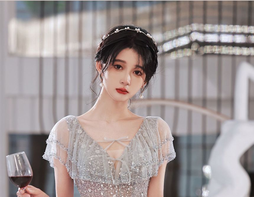 Glitter Cap-Sleeve Sheath Gown Evening