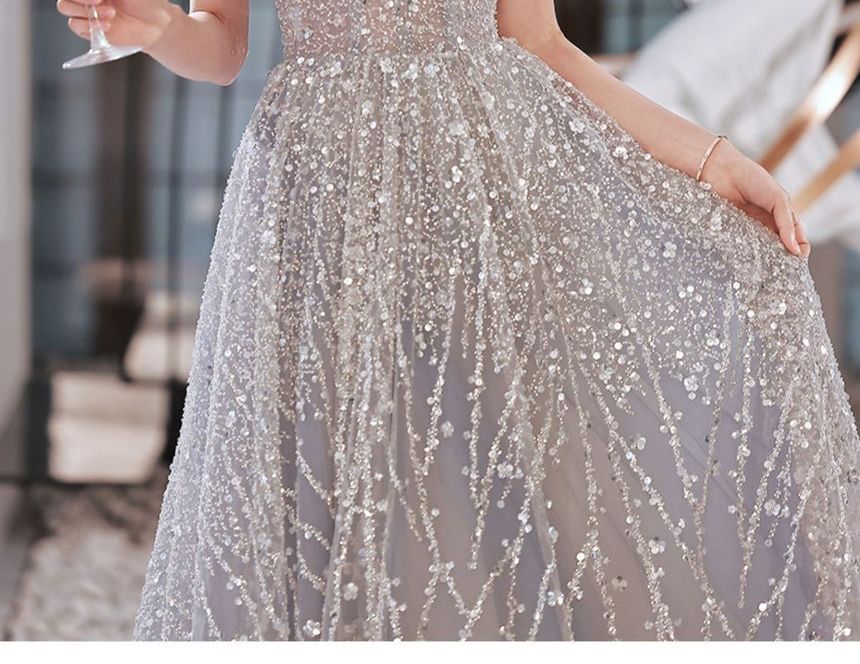 Glitter Cap-Sleeve Sheath Gown Evening
