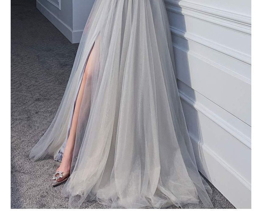 Gown A-Line Glitter V-Neck Evening