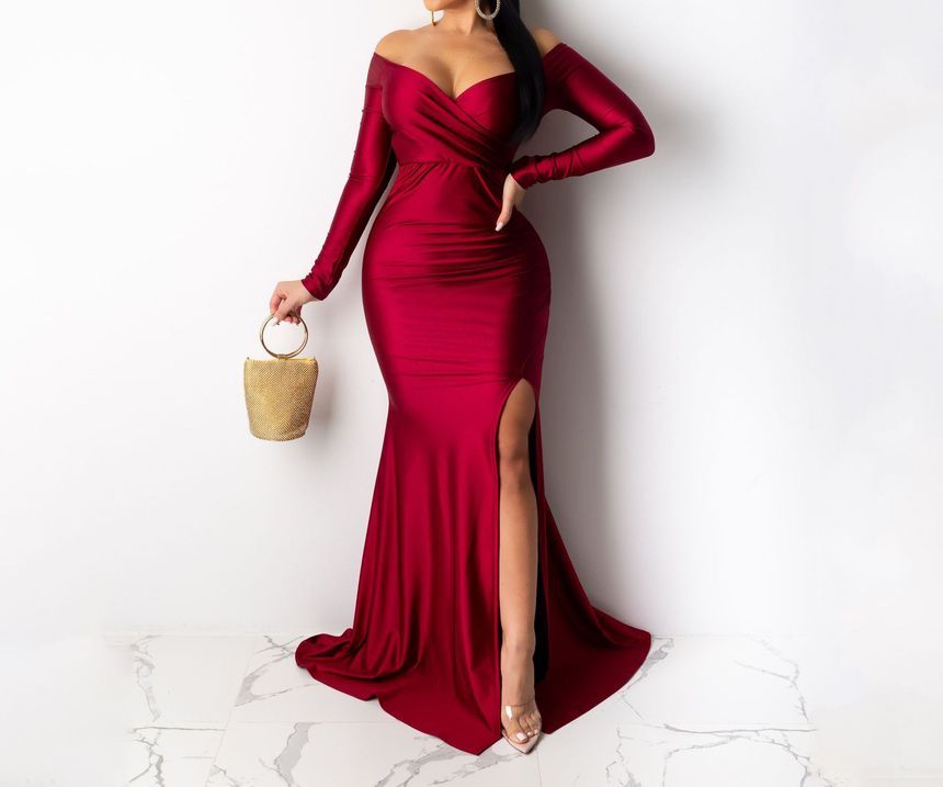 Mermaid Slit Evening Long-Sleeve Gown Off Shoulder