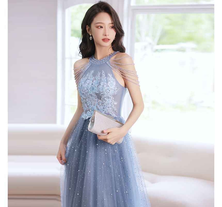 Embroidered Gown Flower Faux Sheath Evening Pearl