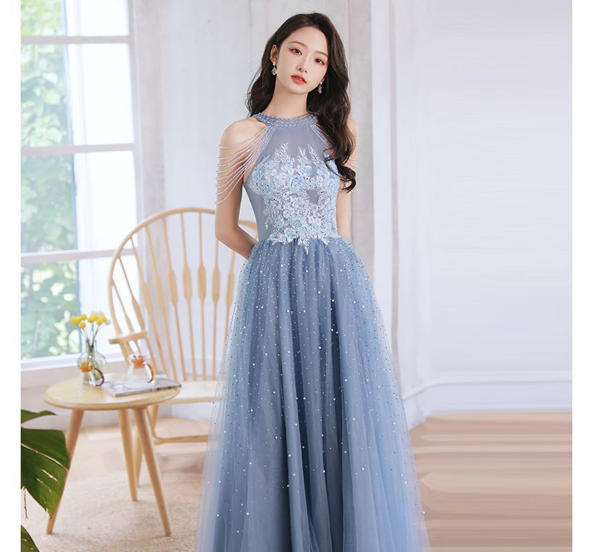 Embroidered Gown Flower Faux Sheath Evening Pearl