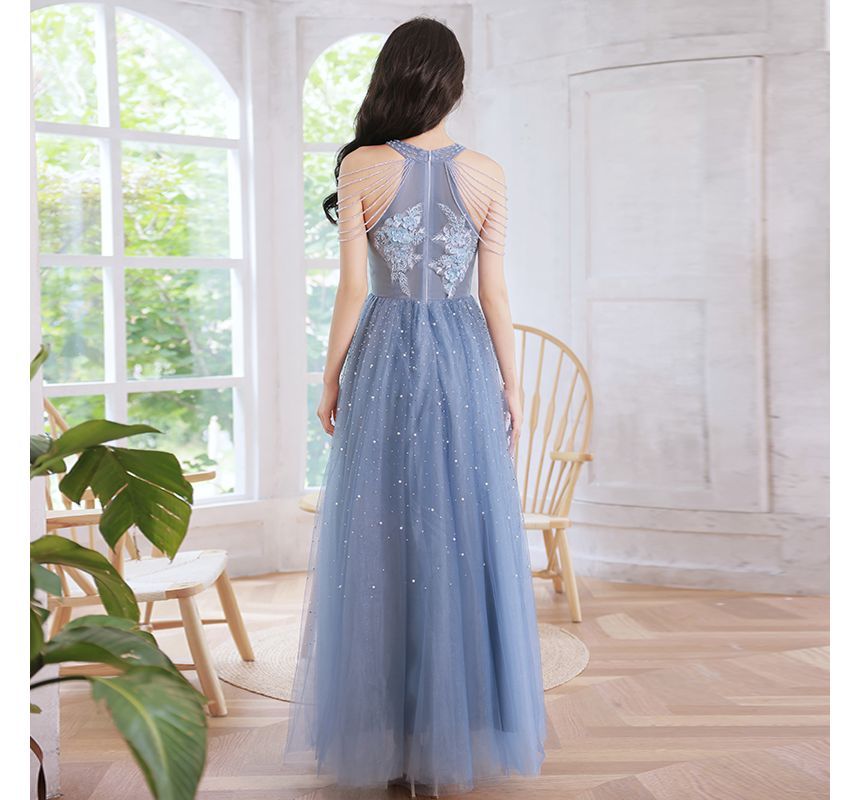 Embroidered Gown Flower Faux Sheath Evening Pearl