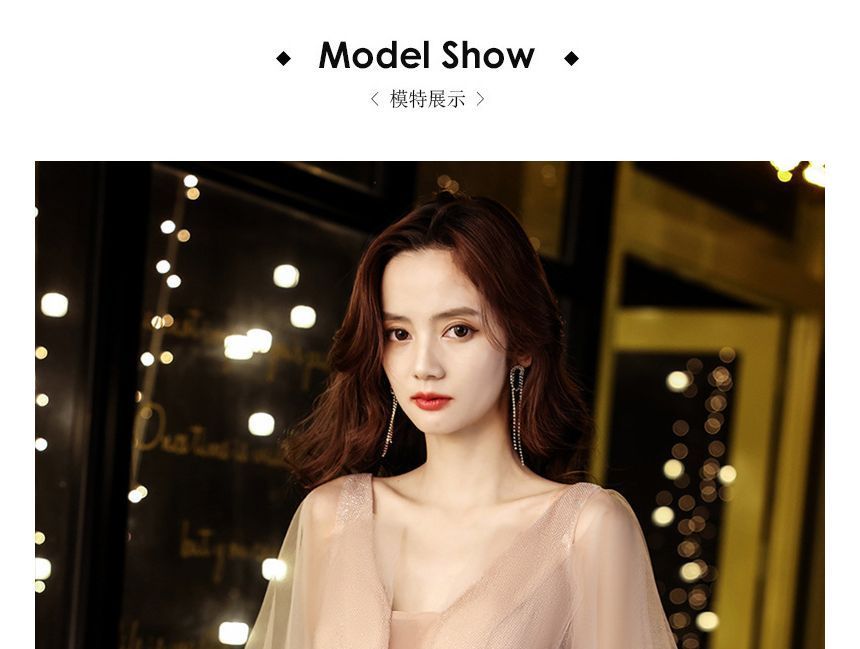 Sequin A-Line Mesh Cap-Sleeve Evening Gown