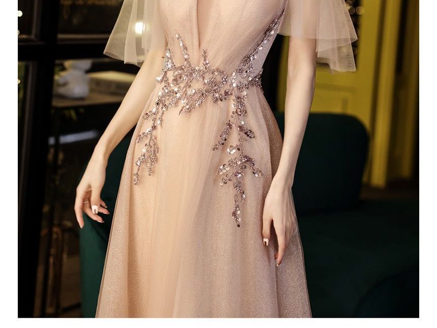 Sequin A-Line Mesh Cap-Sleeve Evening Gown