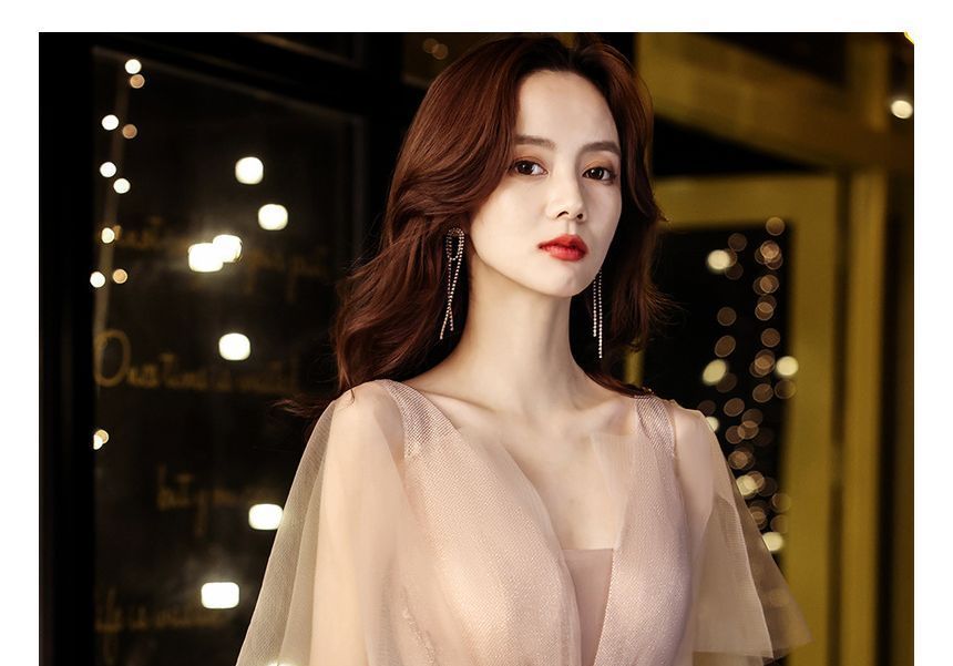 Sequin A-Line Mesh Cap-Sleeve Evening Gown