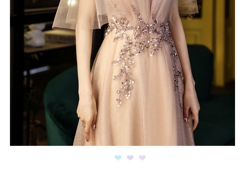 Sequin A-Line Mesh Cap-Sleeve Evening Gown