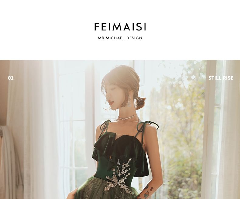 Gown Midi Sequin Evening Spaghetti-Strap A-Line