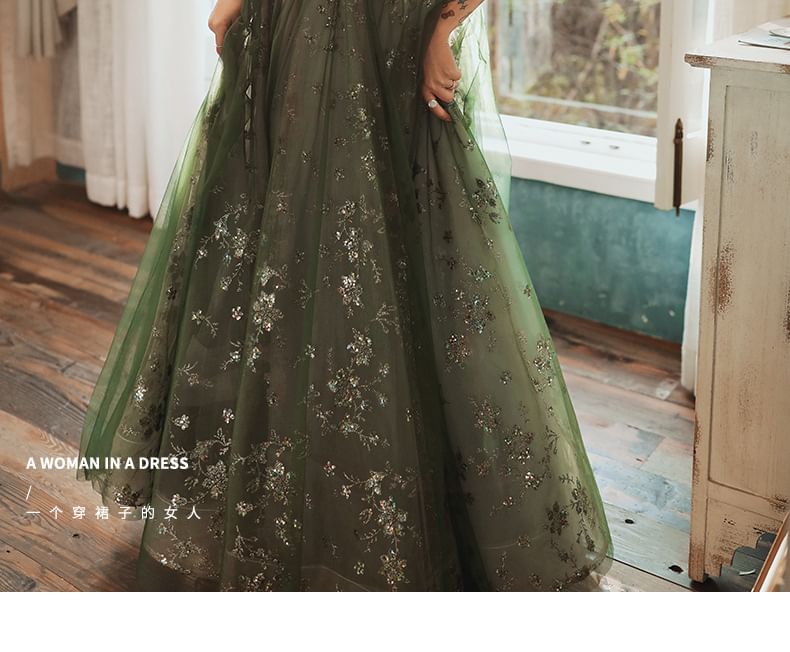 Gown Midi Sequin Evening Spaghetti-Strap A-Line