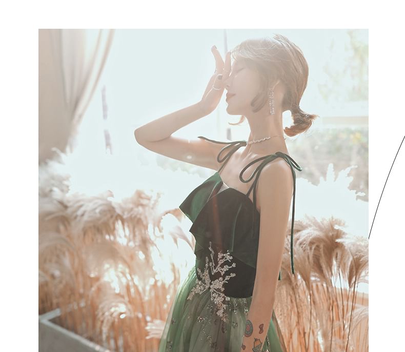 Gown Midi Sequin Evening Spaghetti-Strap A-Line