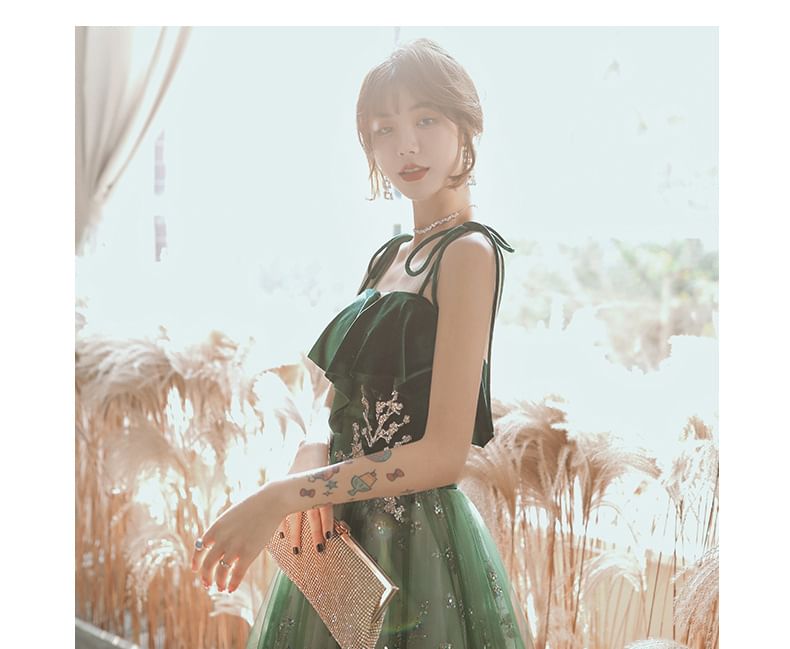 Gown Midi Sequin Evening Spaghetti-Strap A-Line