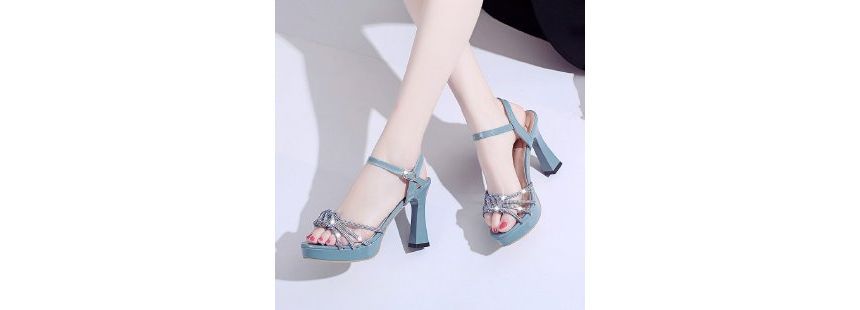 Platform Chunky-Heel Sandals Rhinestone