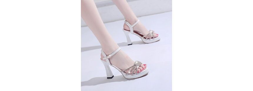 Platform Chunky-Heel Sandals Rhinestone