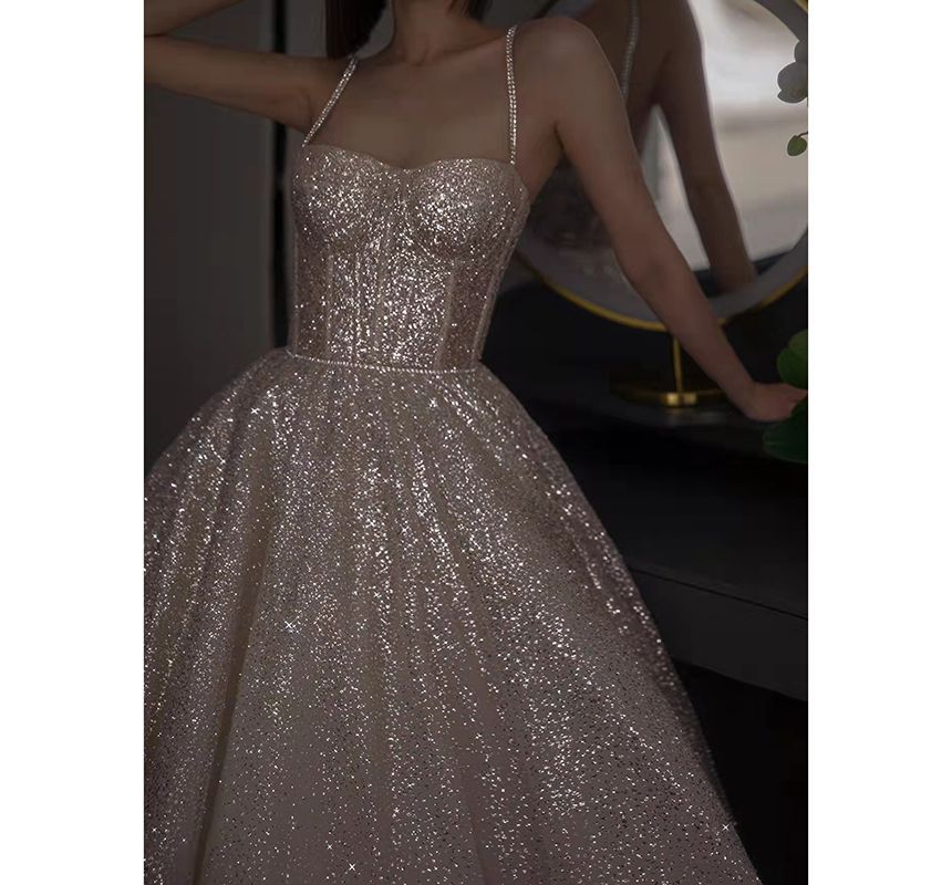 Evening Gown Spaghetti Rhinestone Sequined A-Line Strap