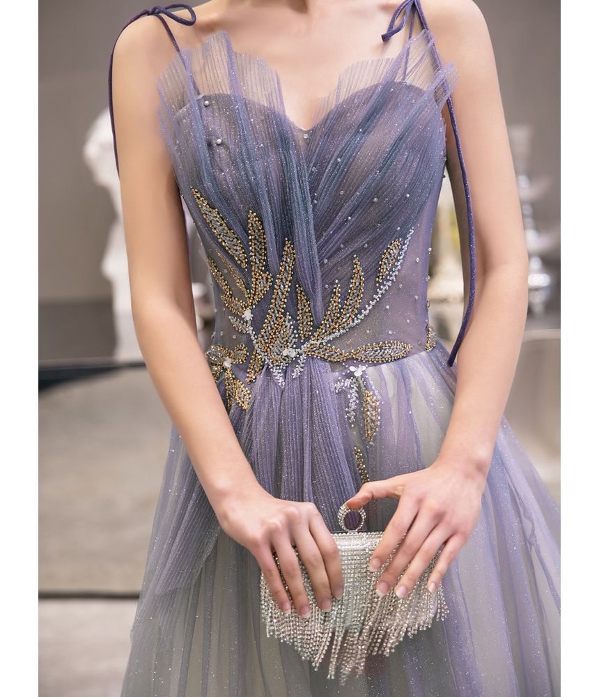 Gradient Mesh Sweetheart Strap Spaghetti Rhinestone Evening Gown Neckline A-Line