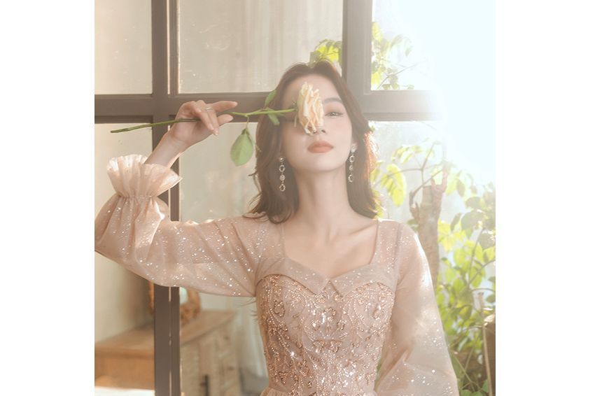 Glitter Mesh Neck (Various Dress Long-Sleeve Cocktail Designs) Embellished Square